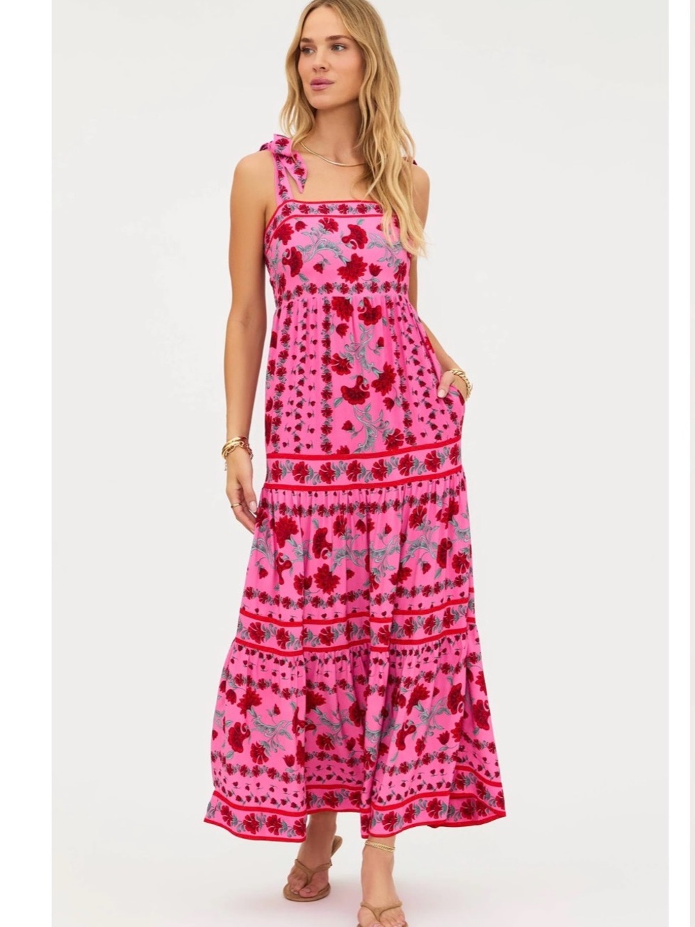 Beach Riot Redwood Floral Hot Pink Floral Tie-Shoulder Maxi Dress